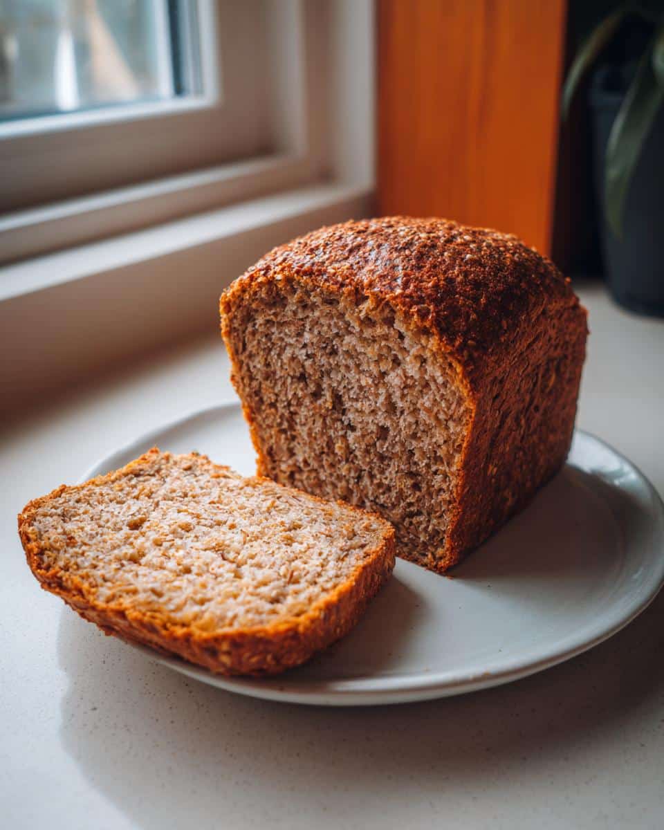A freshly baked Wholemeal Thermomix Sandwich Loaf, partially sliced, resting on a light plate near a window.