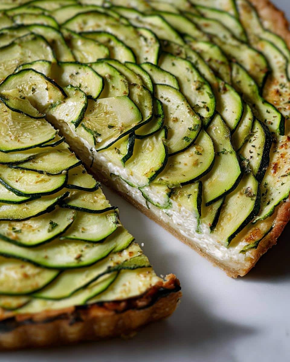 A beautiful Zucchini & Goat Cheese Tart topped with overlapping, thinly sliced zucchini and herbs, with one slice cut out.