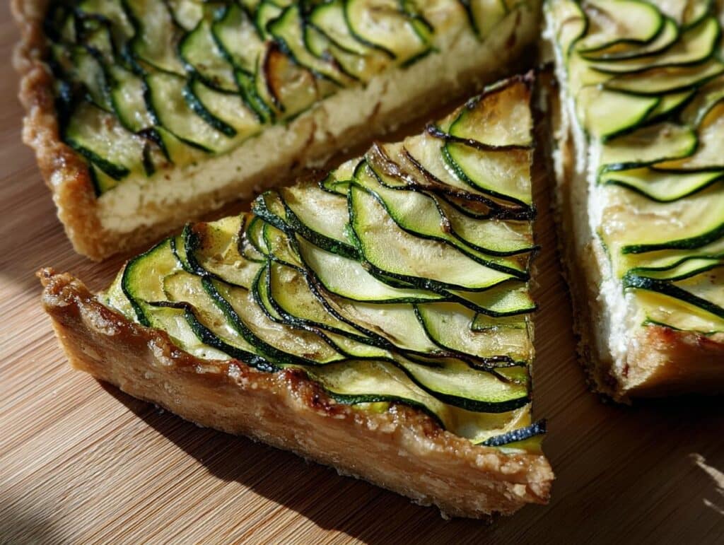Close-up of a slice of Zucchini & Goat Cheese Tart showing the flaky crust and layered zucchini topping.