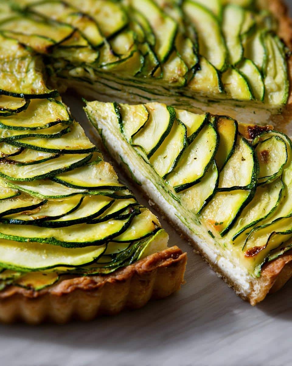 A close-up of a Zucchini & Goat Cheese Tart, showing a slice cut out, revealing layers of thinly sliced zucchini.