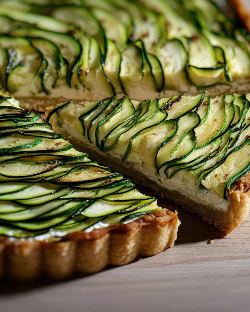 Close-up of a sliced Zucchini & Goat Cheese Tart showing thin, layered zucchini ribbons over a creamy filling.