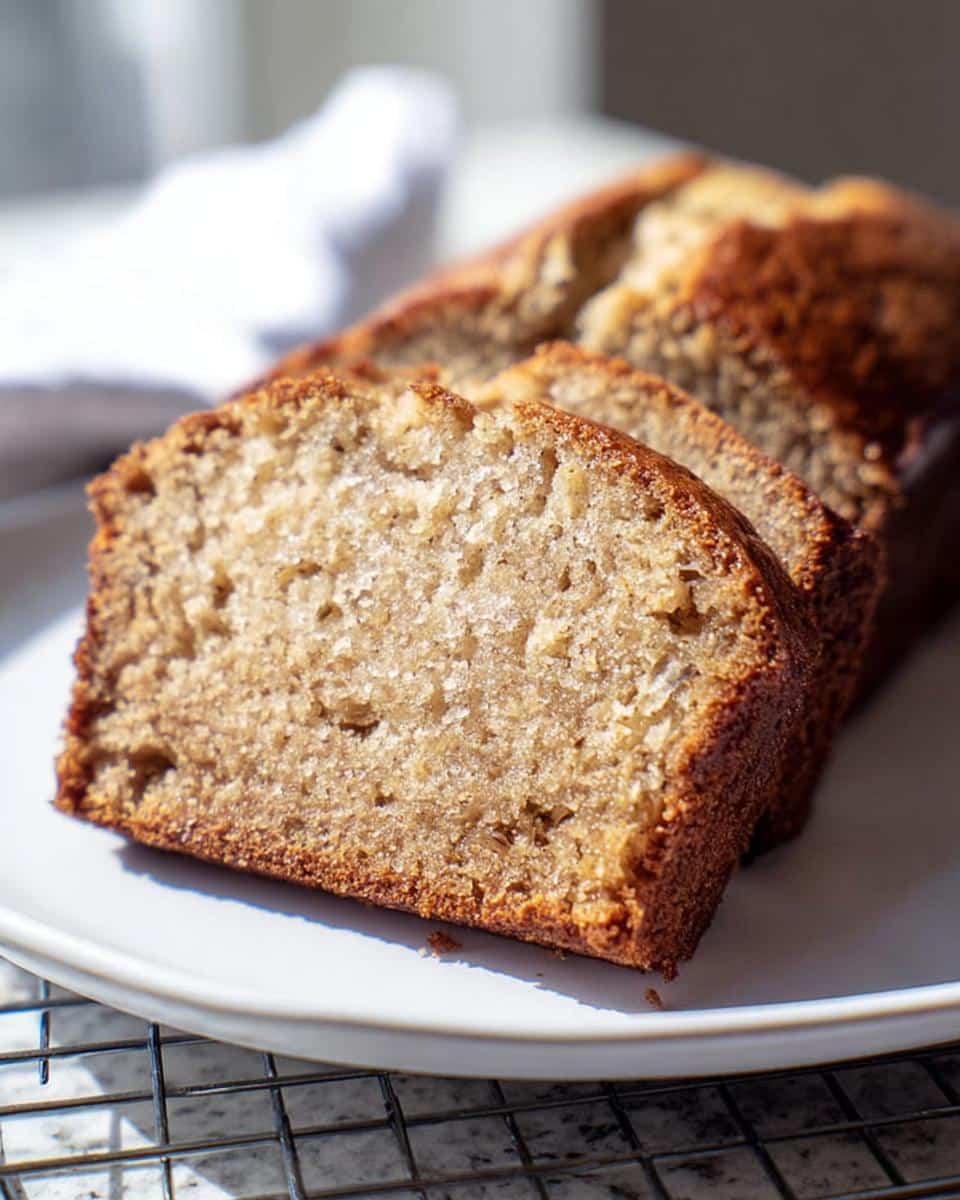 Close-up of three moist slices of 2-Banana Easy Banana Bread resting on a white plate.