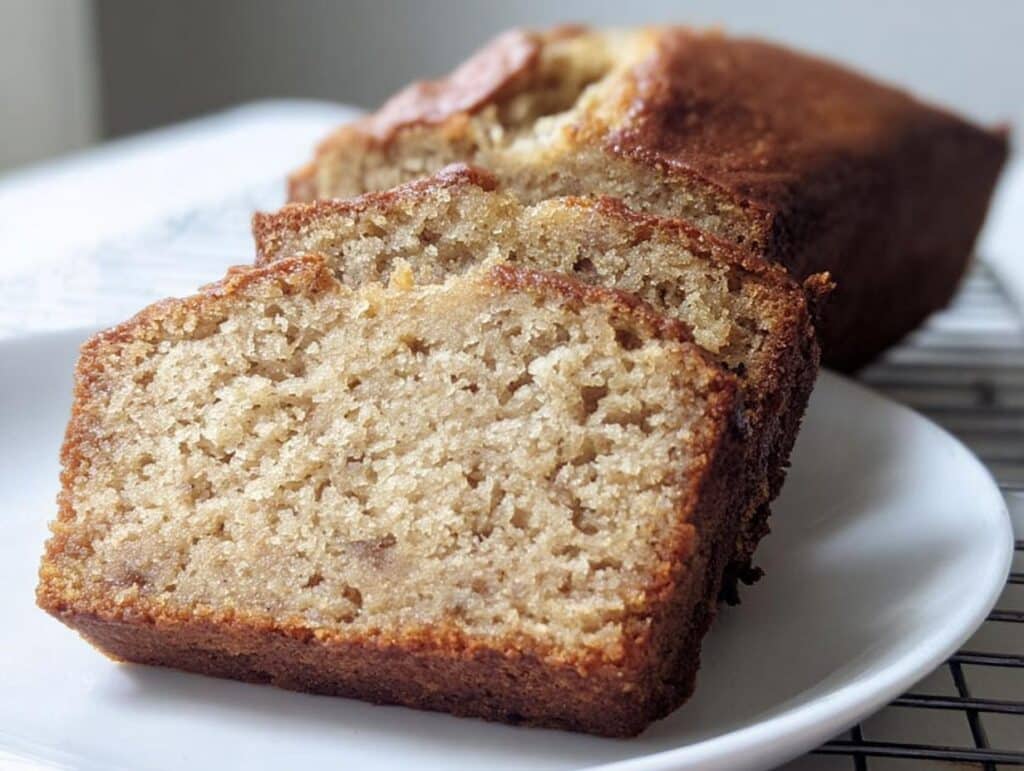 Close-up of moist slices of 2-Banana Easy Banana Bread served on a white plate.