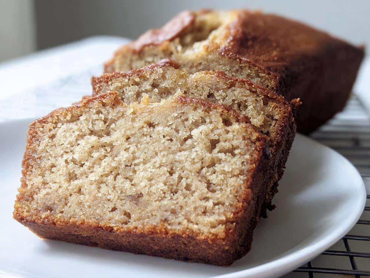 Close-up of moist slices of 2-Banana Easy Banana Bread served on a white plate.