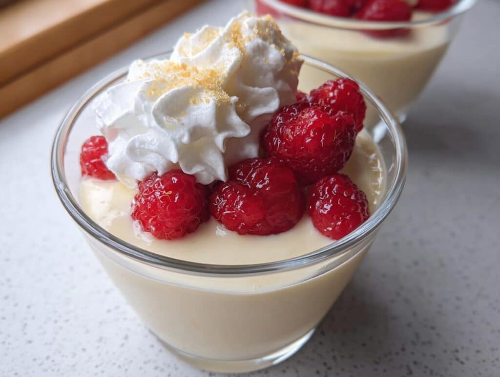 Close-up of a creamy 5-Ingredient Vanilla Pudding Dessert topped with fresh raspberries and whipped cream.