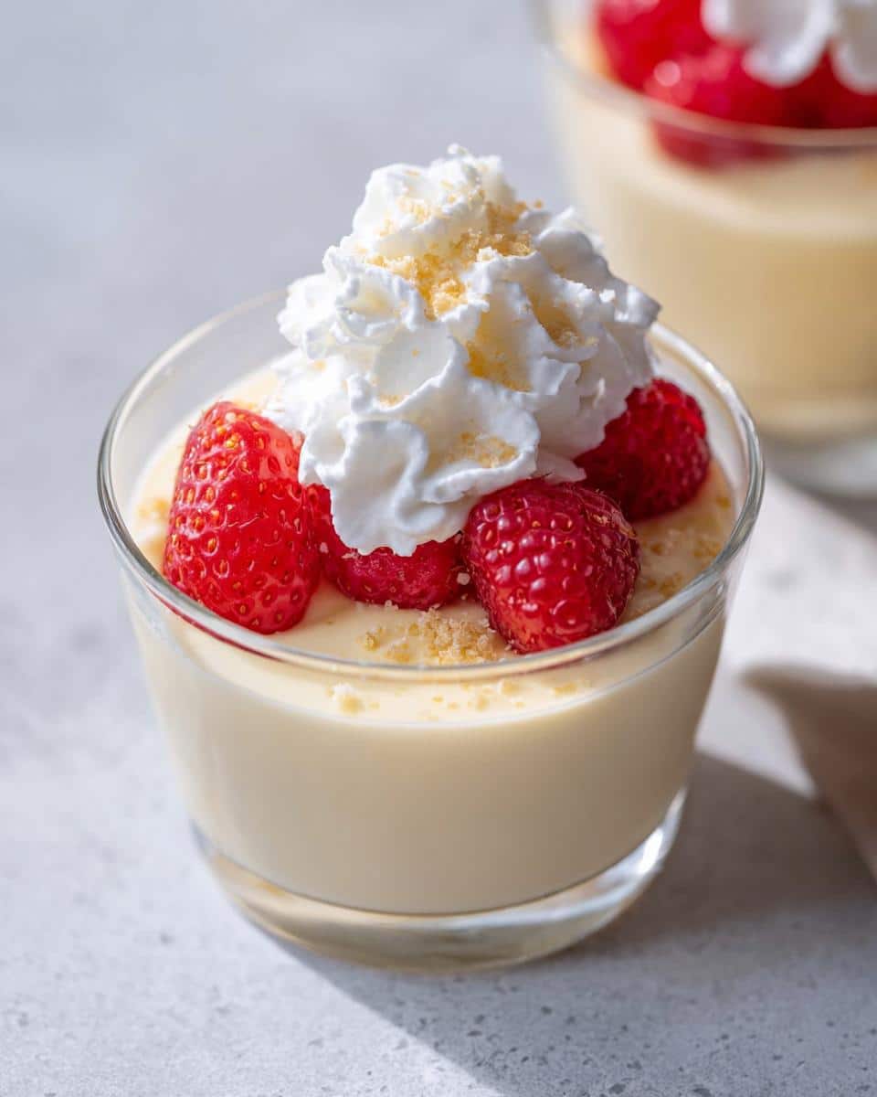 Close-up of a glass serving of 5-Ingredient Vanilla Pudding Dessert topped with whipped cream and fresh strawberries.