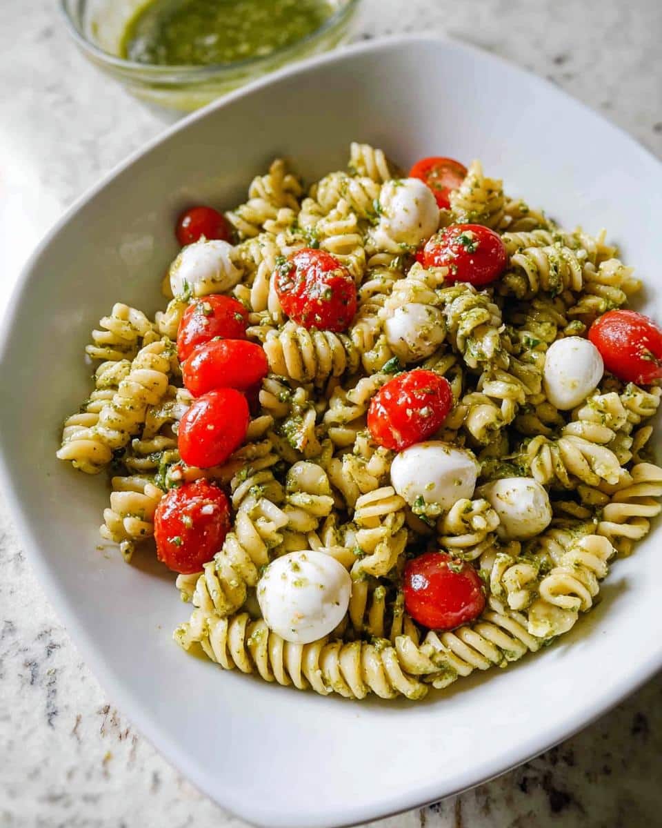 Close-up of a Gluten-Free Pesto Pasta Bowl featuring rotini pasta, cherry tomatoes, and mozzarella pearls.