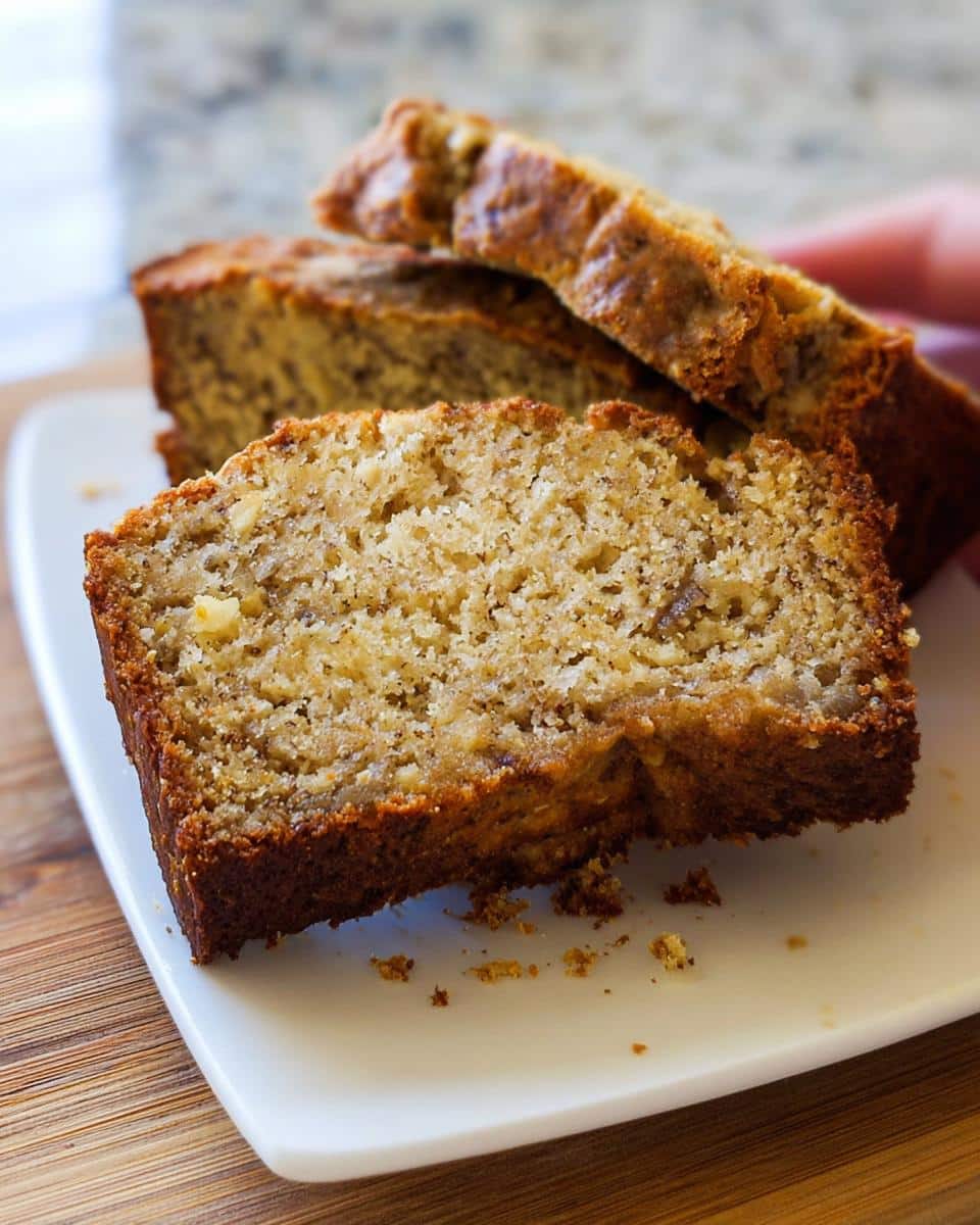 Close-up of moist, golden-brown slices of Air Fryer Banana Bread served on a white plate.