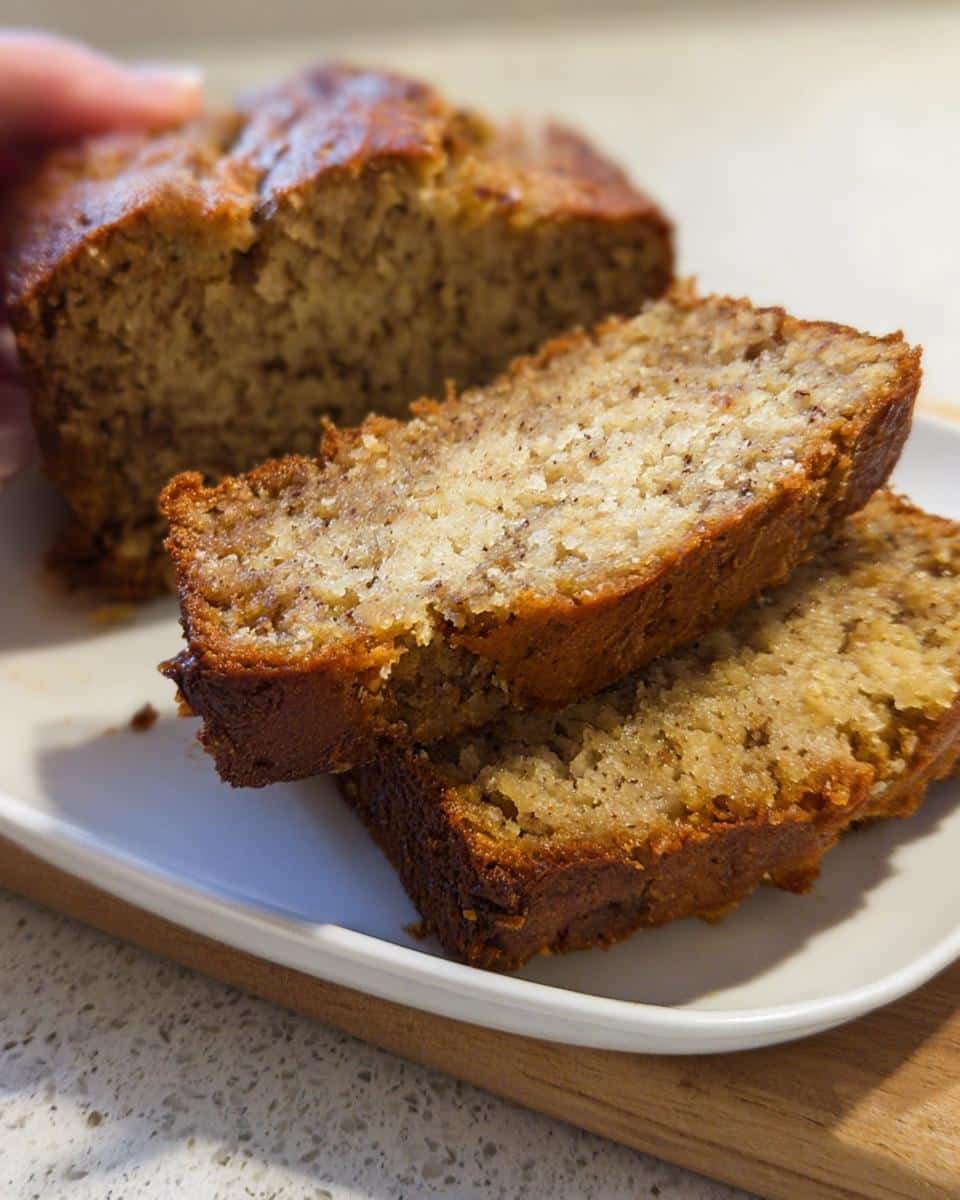 Two thick slices of moist Air Fryer Banana Bread stacked on a white plate, with the rest of the loaf visible in the background.