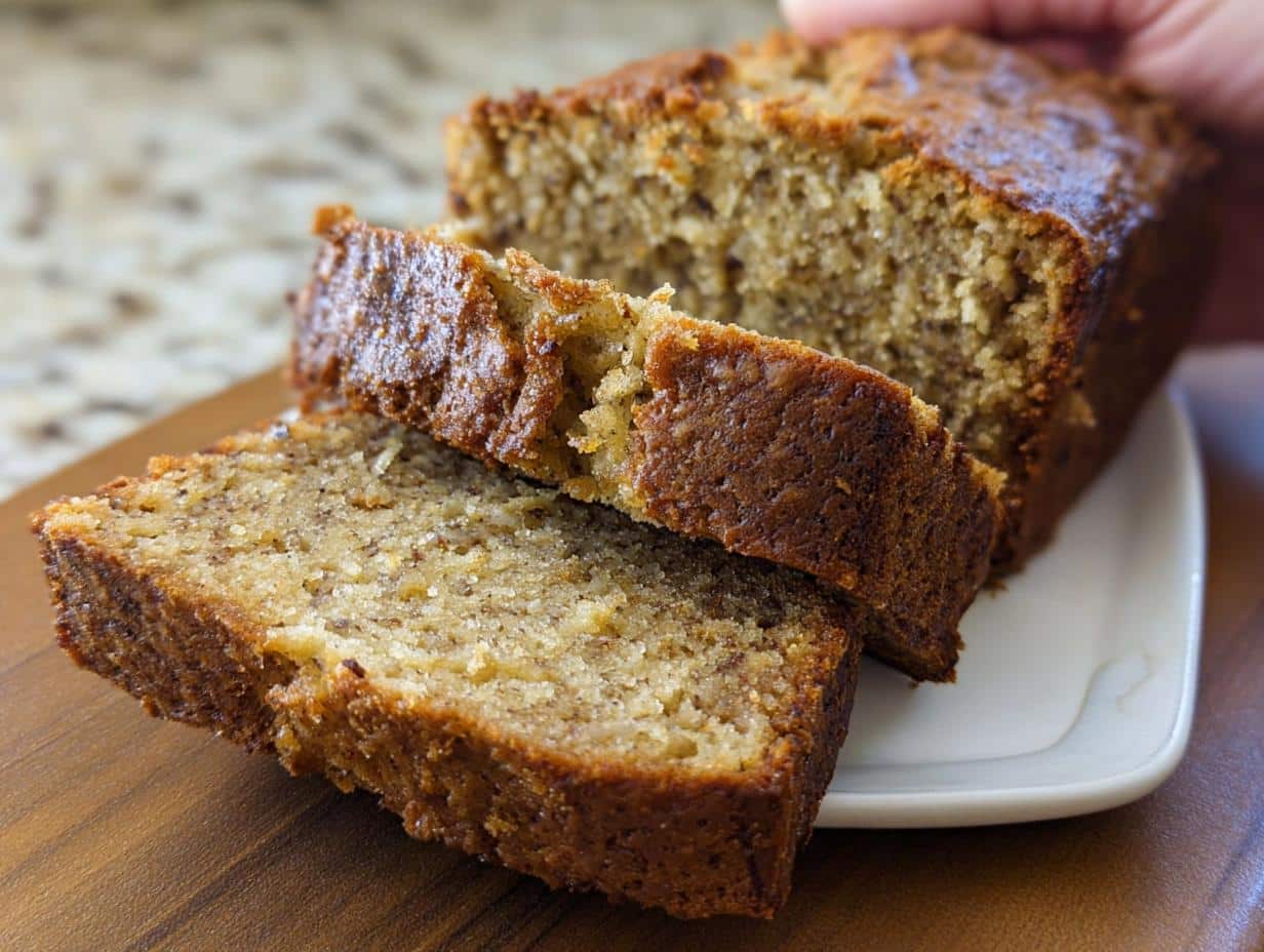 Close-up of moist, sliced Air Fryer Banana Bread resting on a small white plate.