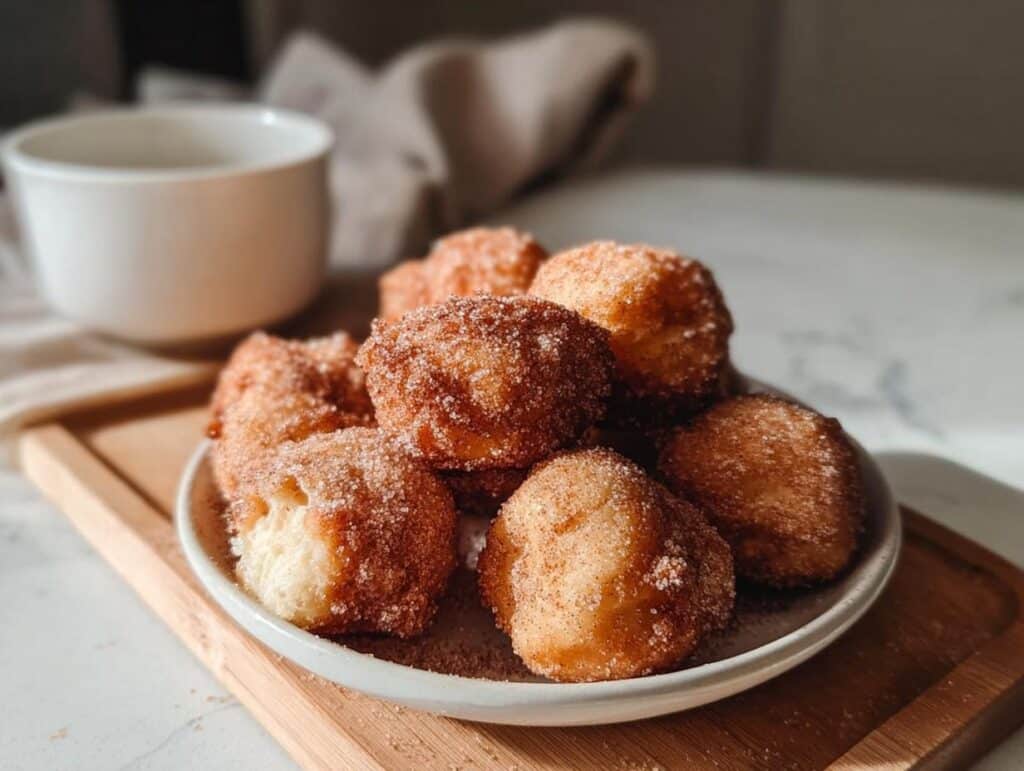 A plate piled high with golden Air Fryer Cinnamon Sugar Donut Holes coated in cinnamon sugar.
