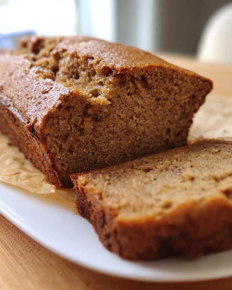 Close-up of a moist loaf of Allergy-Friendly Banana Bread, with one thick slice cut and resting beside it.