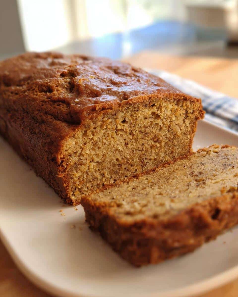 A close-up of a freshly baked loaf of Allergy-Friendly Banana Bread, with one thick slice cut and resting beside it.
