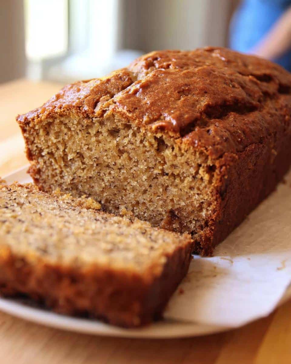A freshly baked loaf of Allergy-Friendly Banana Bread with one slice cut and resting against the main loaf.