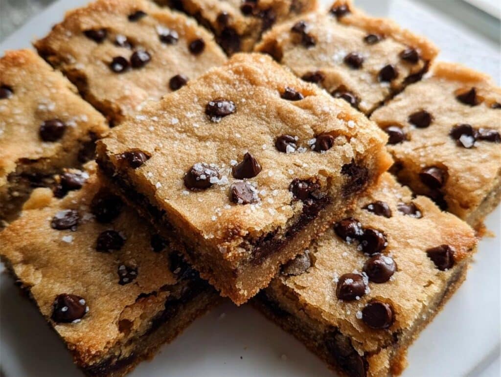 Close-up of several thick, chewy Chocolate Chip Dessert Bars sprinkled with flaky sea salt.