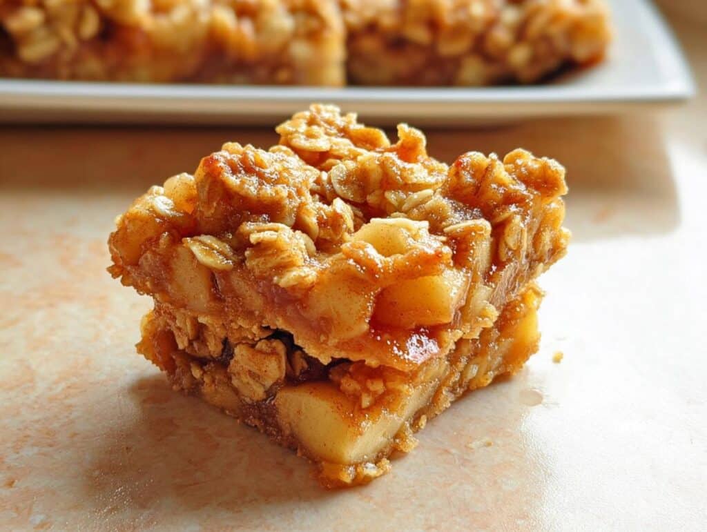 A single, thick square of Apple Cinnamon Crumble Bars showing layers of spiced apples and an oat crumble topping.