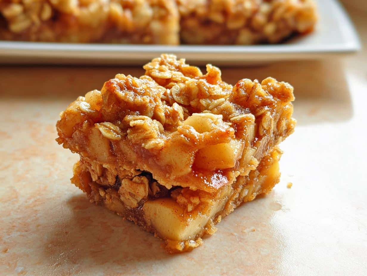 A single, thick square of Apple Cinnamon Crumble Bars showing layers of spiced apples and an oat crumble topping.