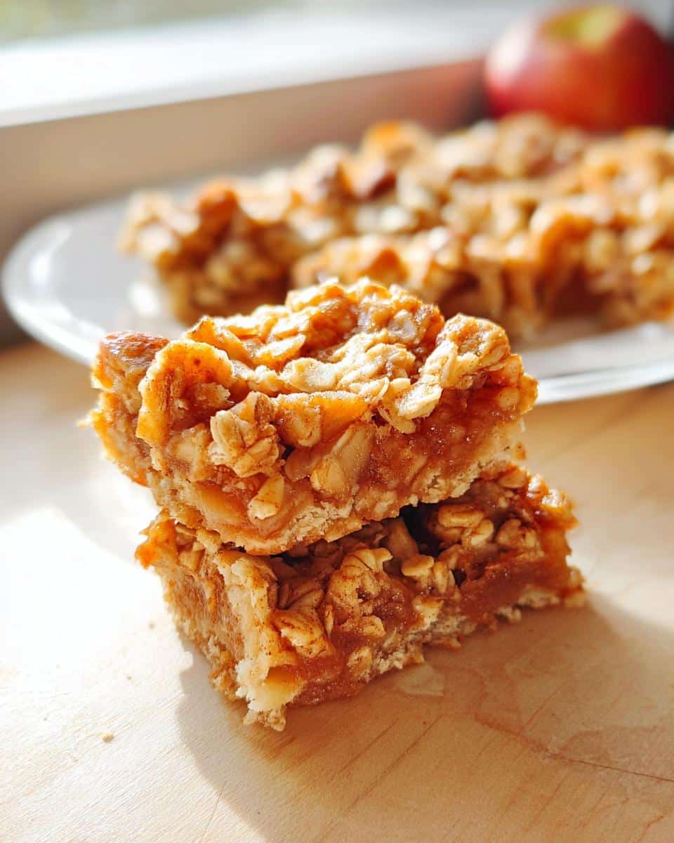 Two stacked Apple Cinnamon Crumble Bars showing the oat topping and gooey apple filling on a wooden surface.