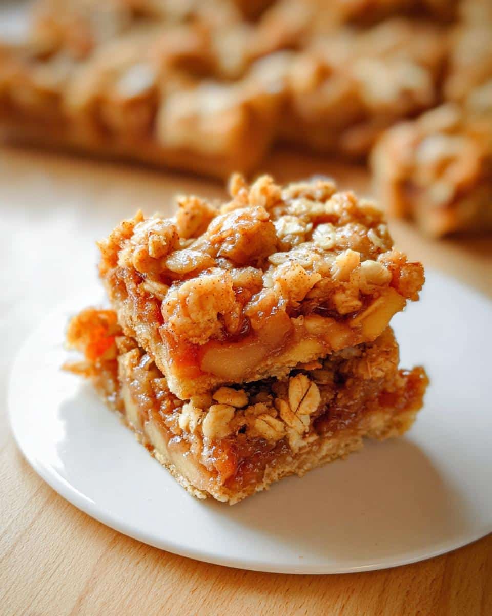 Two stacked Apple Cinnamon Crumble Bars with visible apple filling and oat topping on a white plate.