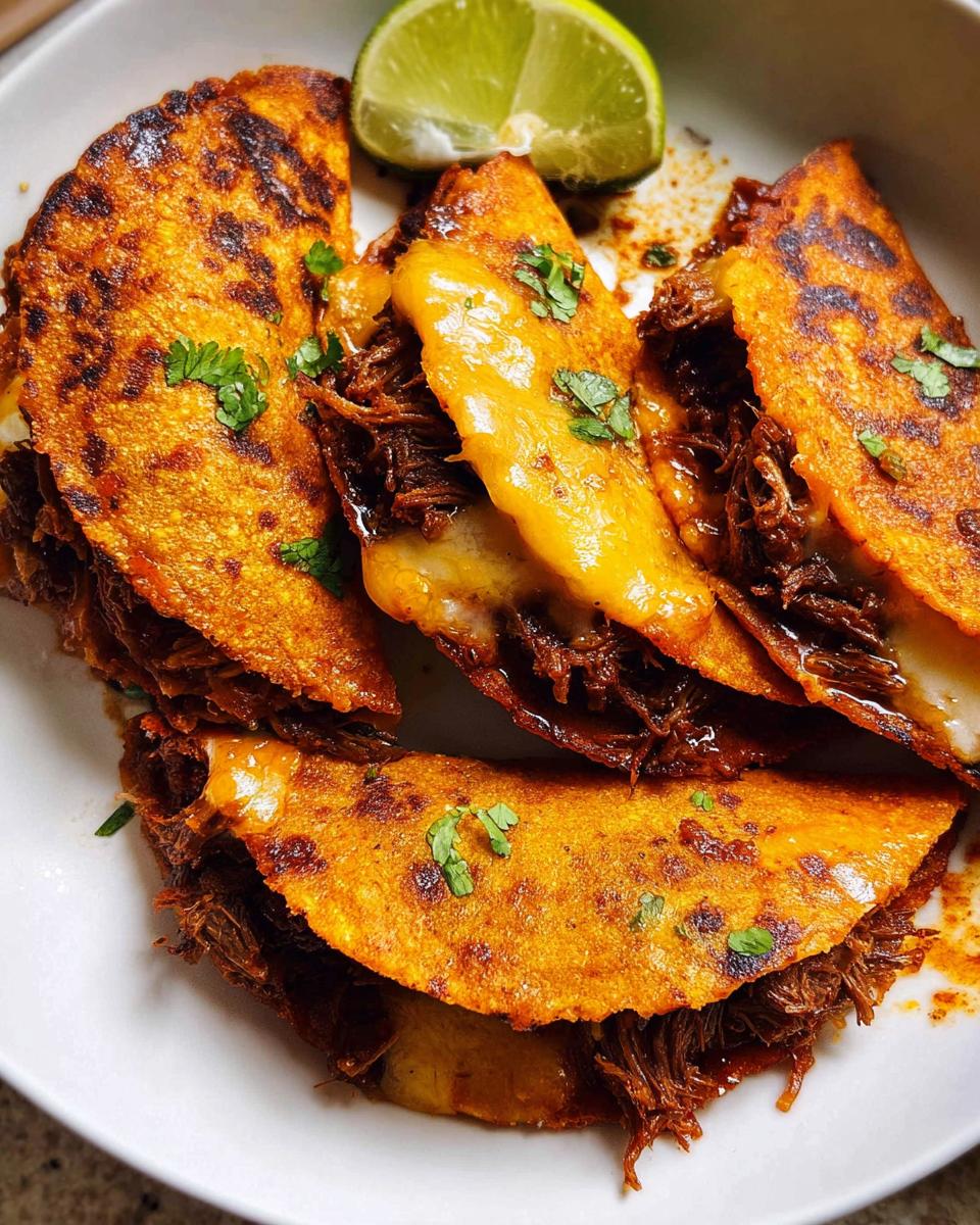 Four cheesy, crispy Authentic Birria Tacos filled with shredded beef, garnished with cilantro and a lime wedge.