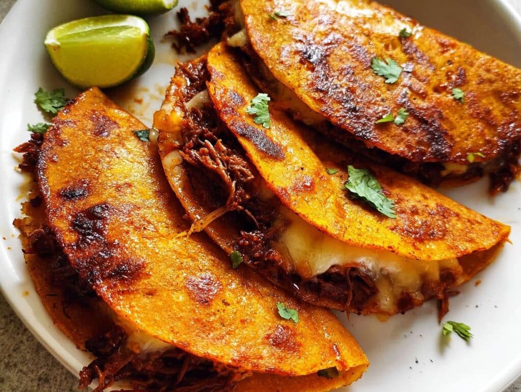 Four crispy, red-orange Authentic Birria Tacos filled with shredded beef and melted cheese, garnished with cilantro and lime wedges.