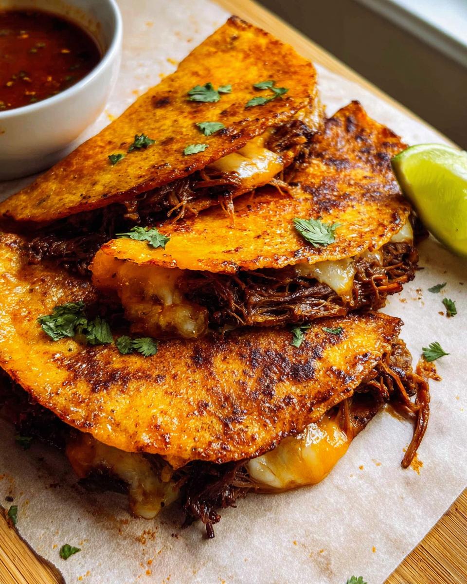 Three stacked, cheesy, crispy Authentic Birria Tacos garnished with cilantro, served with consommé and a lime wedge.