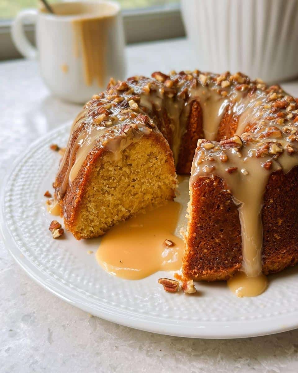 A slice cut from a Baileys Irish Cream Cake, topped with pecan pieces and a thick caramel-colored glaze.