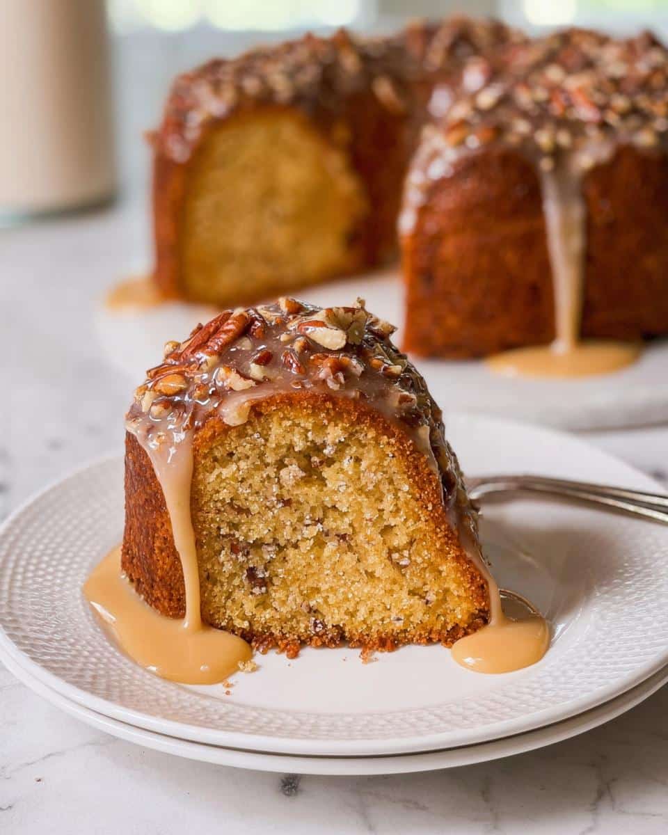 A slice of moist Baileys Irish Cream Cake topped with a pecan glaze dripping down the side onto a white plate.