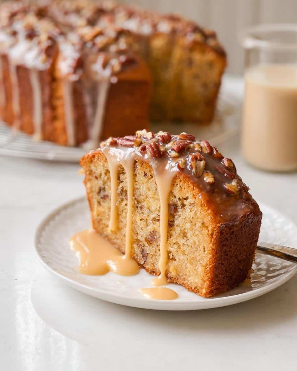 A slice of moist Baileys Irish Cream Cake topped with a thick caramel glaze and chopped pecans.