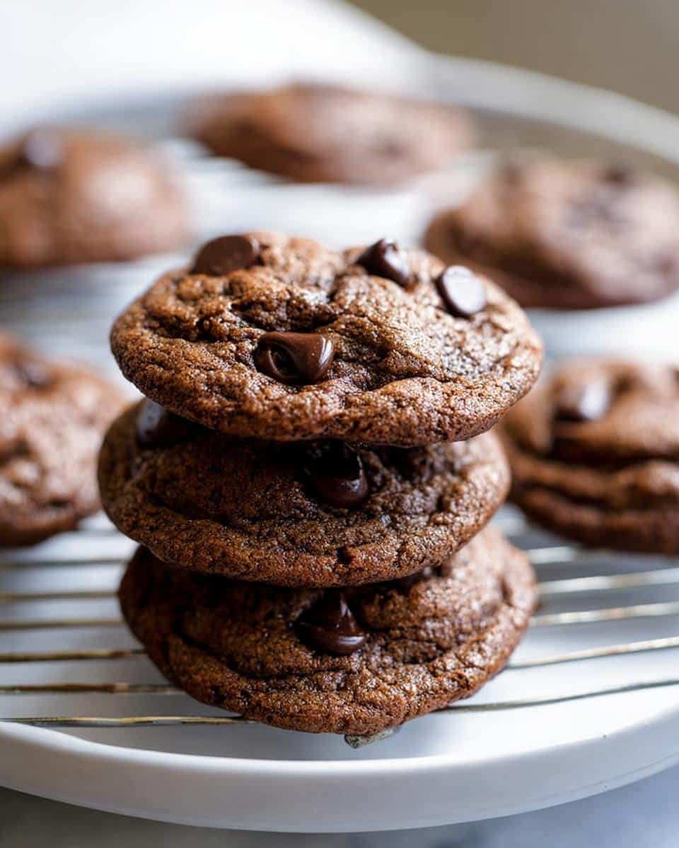 A close-up stack of three fudgy, dark chocolate Bailey’s Irish Cream Cookies cooling on a wire rack.