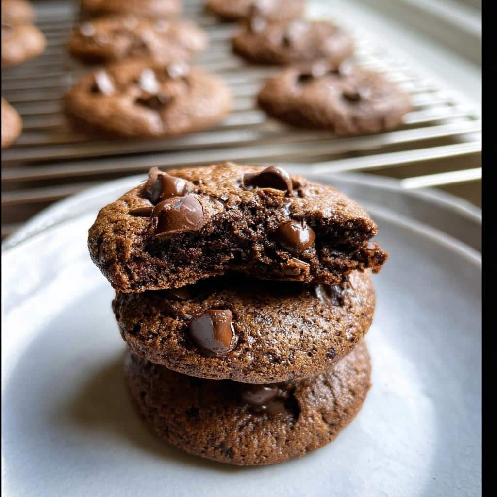 Stack of three rich, dark chocolate Bailey’s Irish Cream Cookies, with the top one broken open to show the gooey center.