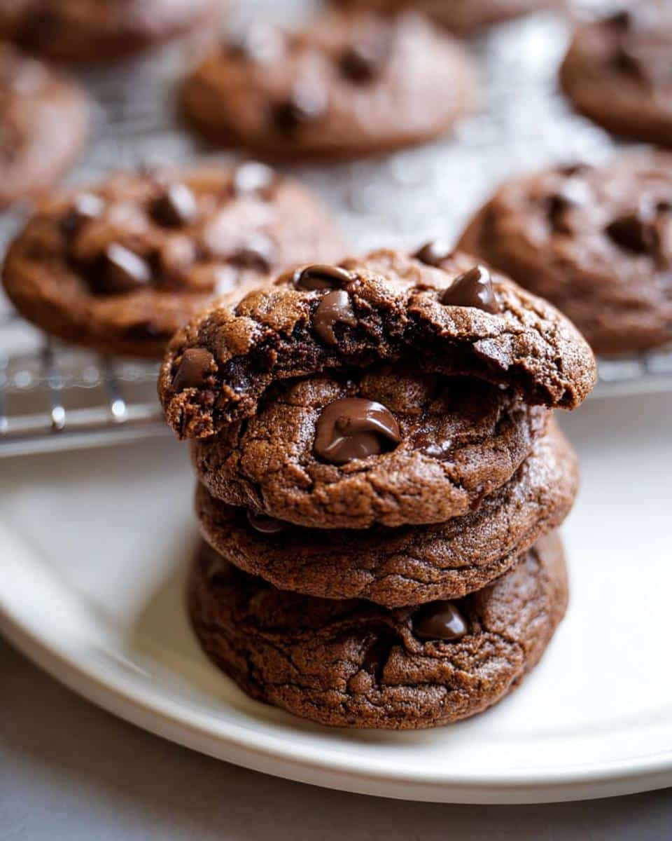 A stack of three rich, fudgy chocolate Bailey’s Irish Cream Cookies, with the top one broken open.
