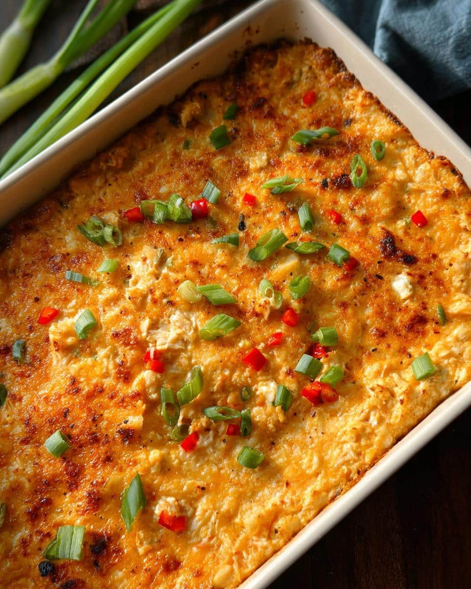 A close-up of hot, baked Cajun Crab Dip topped with chopped green onions and red peppers in a white baking dish.