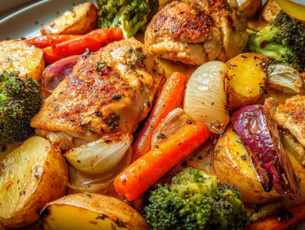 Close-up of golden-brown chicken pieces surrounded by roasted potatoes, carrots, broccoli, and onions in a Baked Chicken & Veggie Tray Bake.