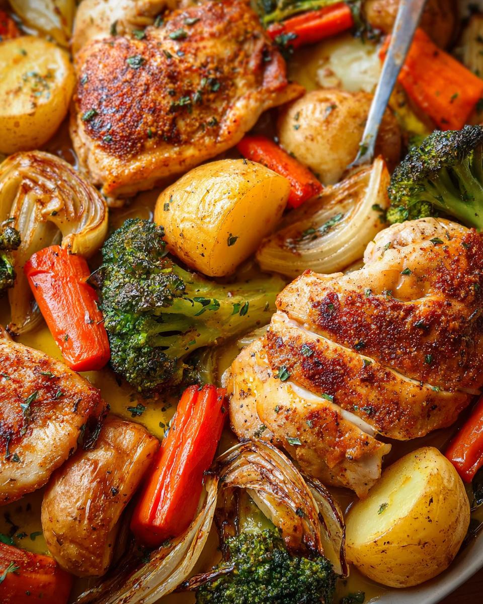 Close-up of perfectly seasoned Baked Chicken & Veggie Tray Bake with potatoes, carrots, broccoli, and onions.