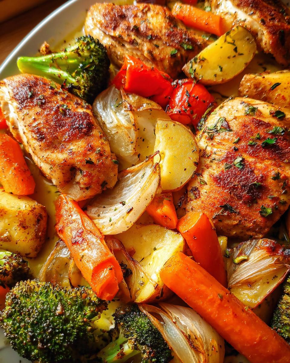 Close-up of perfectly browned chicken breasts nestled among roasted potatoes, carrots, onions, and broccoli in a Baked Chicken & Veggie Tray Bake.