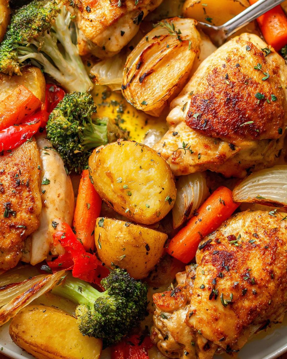 Close-up overhead view of golden brown chicken pieces and roasted vegetables in a Baked Chicken & Veggie Tray Bake.