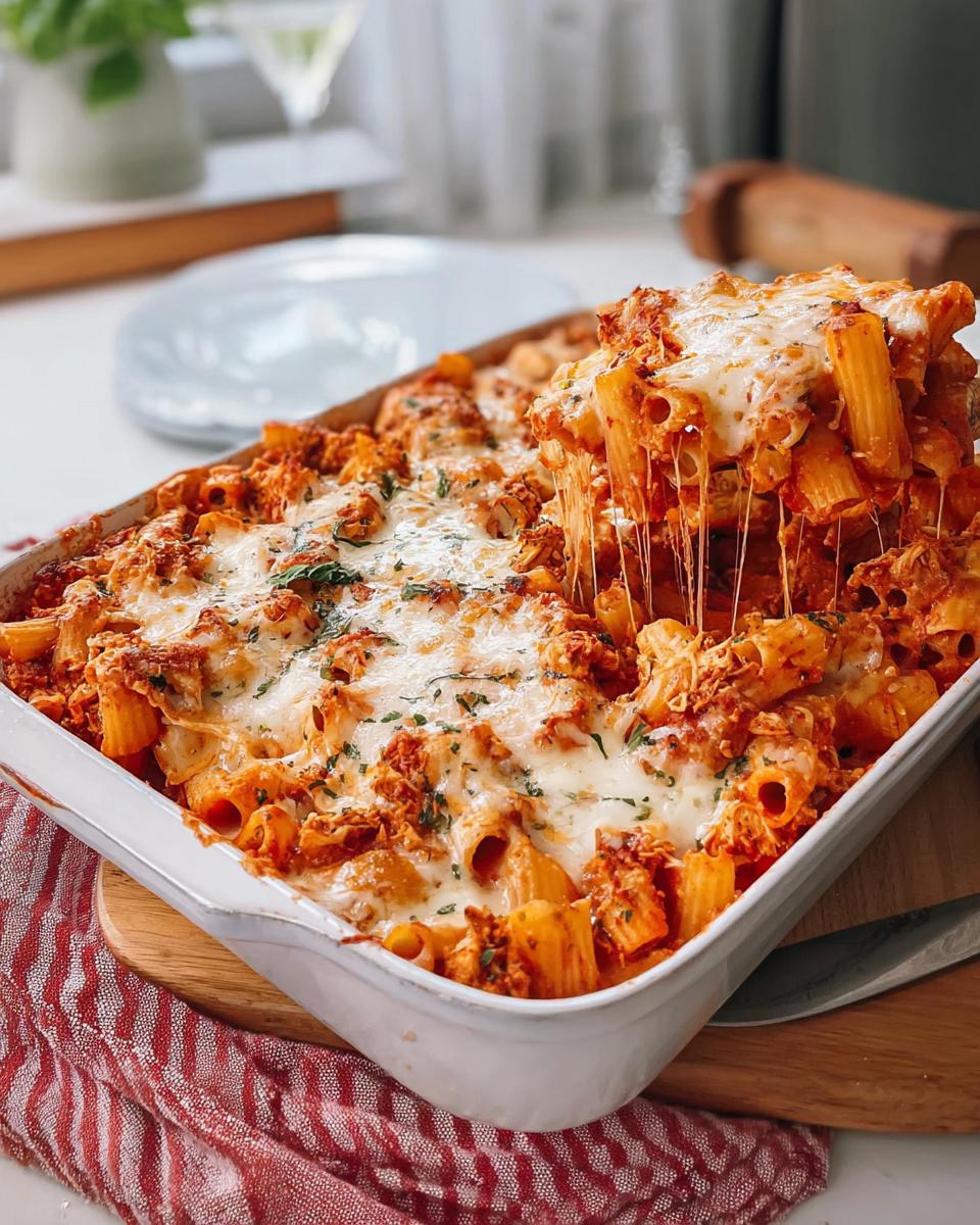 A spoonful of Baked Chicken Ziti Casserole showing extreme cheese pull over the baking dish.