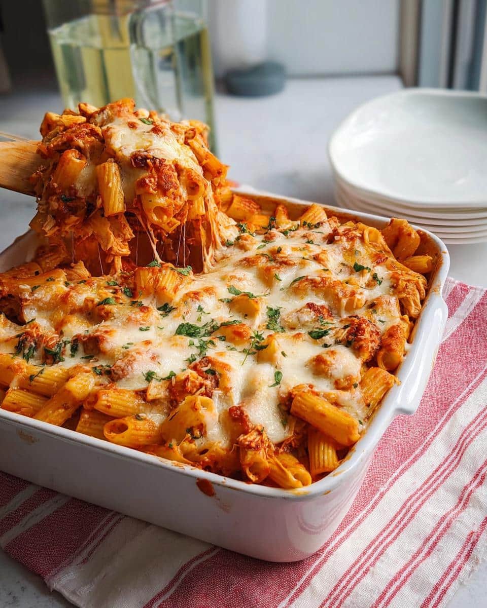 A wooden spoon lifts a cheesy, saucy portion from a Baked Chicken Ziti Casserole in a white dish.