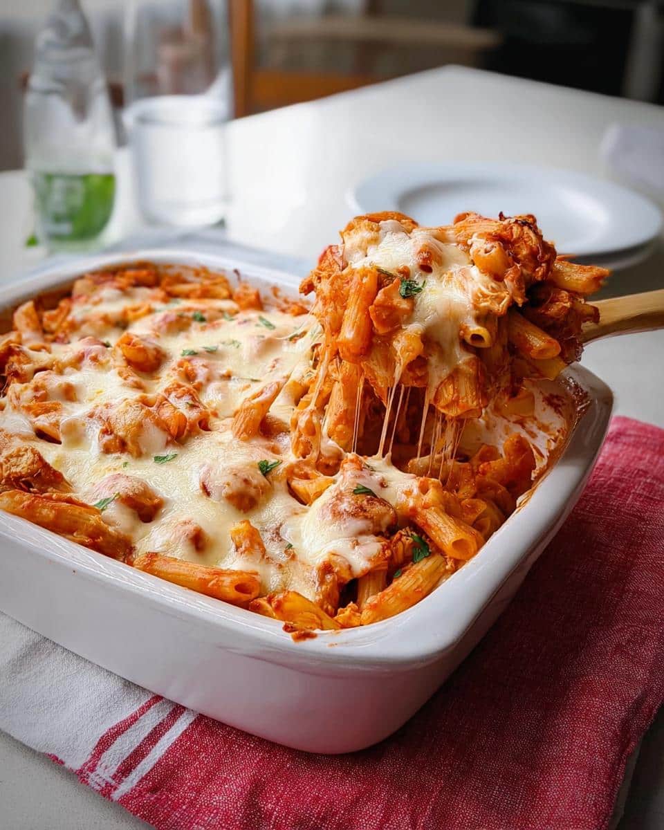 A wooden spoon lifts a serving of cheesy Baked Chicken Ziti Casserole from a white baking dish, showing long cheese pulls.