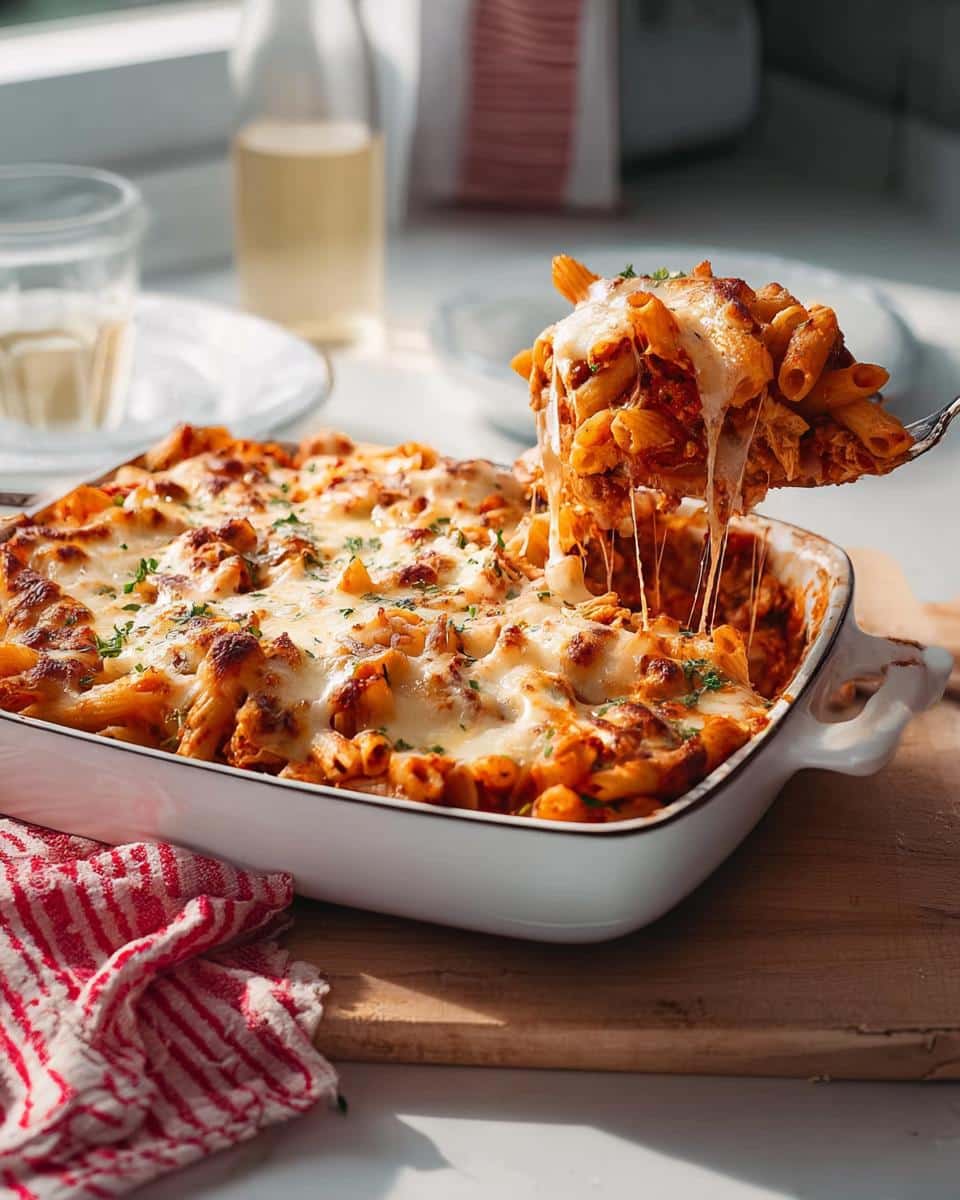 A serving spoon lifts a portion of hot Baked Chicken Ziti Casserole, showing long cheese pulls over the bubbling casserole dish.