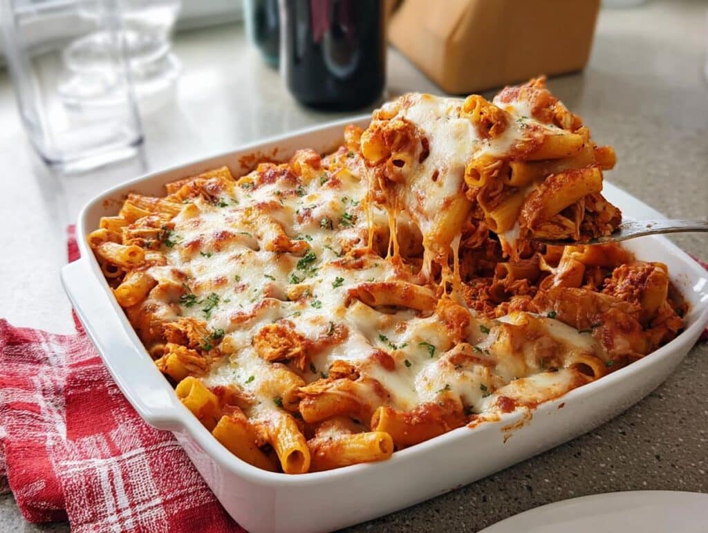 A serving spoon lifts a cheesy, saucy portion from a white baking dish of Baked Chicken Ziti Casserole.
