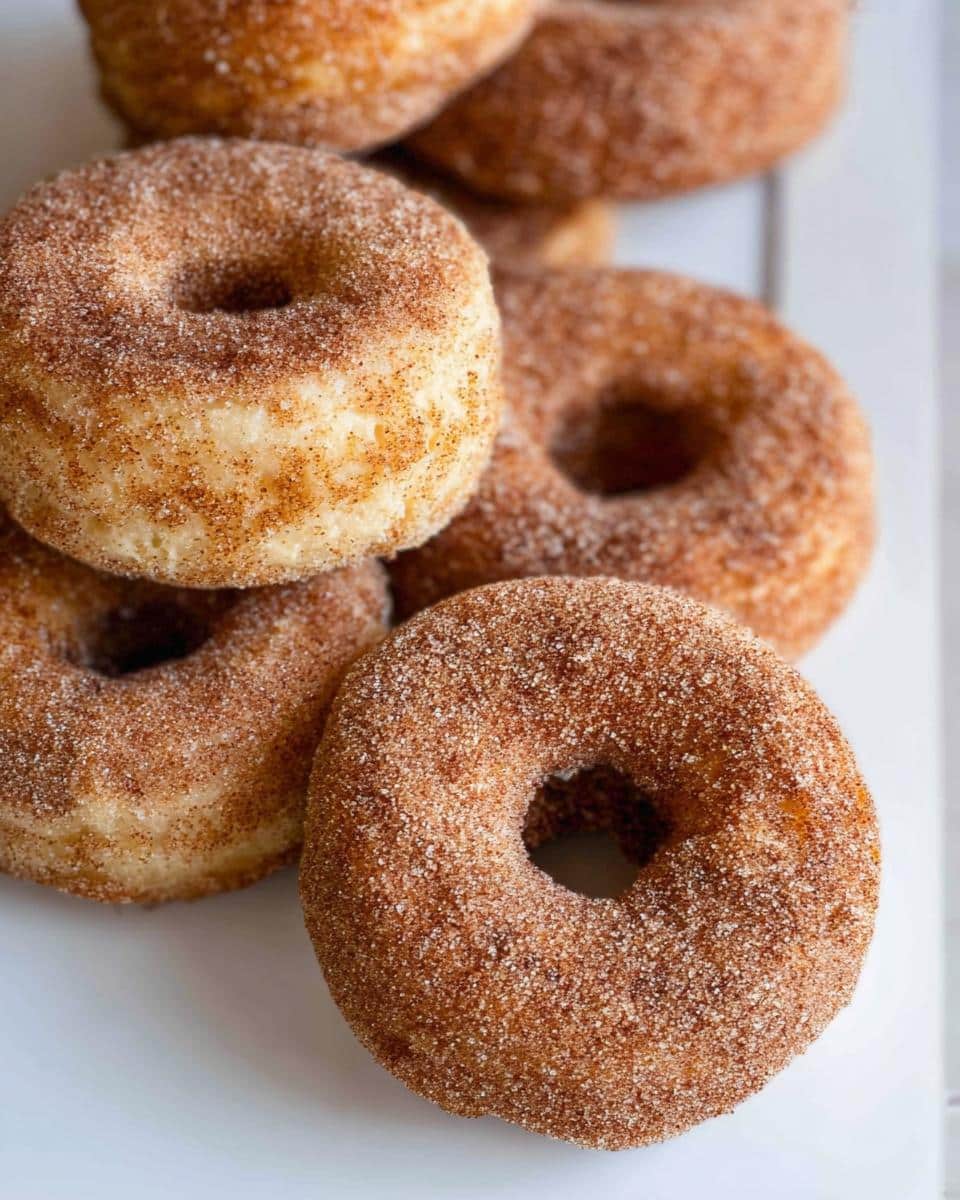 A close-up stack of freshly made Baked Cinnamon Sugar Donuts heavily coated in cinnamon sugar.