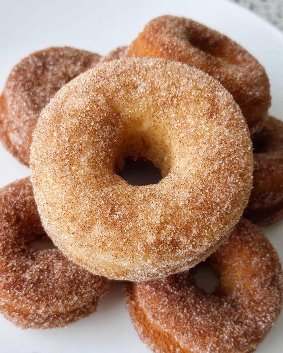 A close-up stack of freshly baked cinnamon sugar donuts coated heavily in sparkling cinnamon sugar.