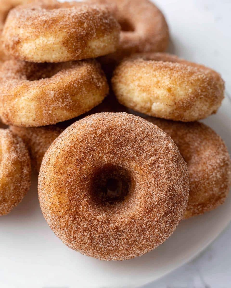 Close-up of several freshly Baked Cinnamon Sugar Donuts piled on a white plate.