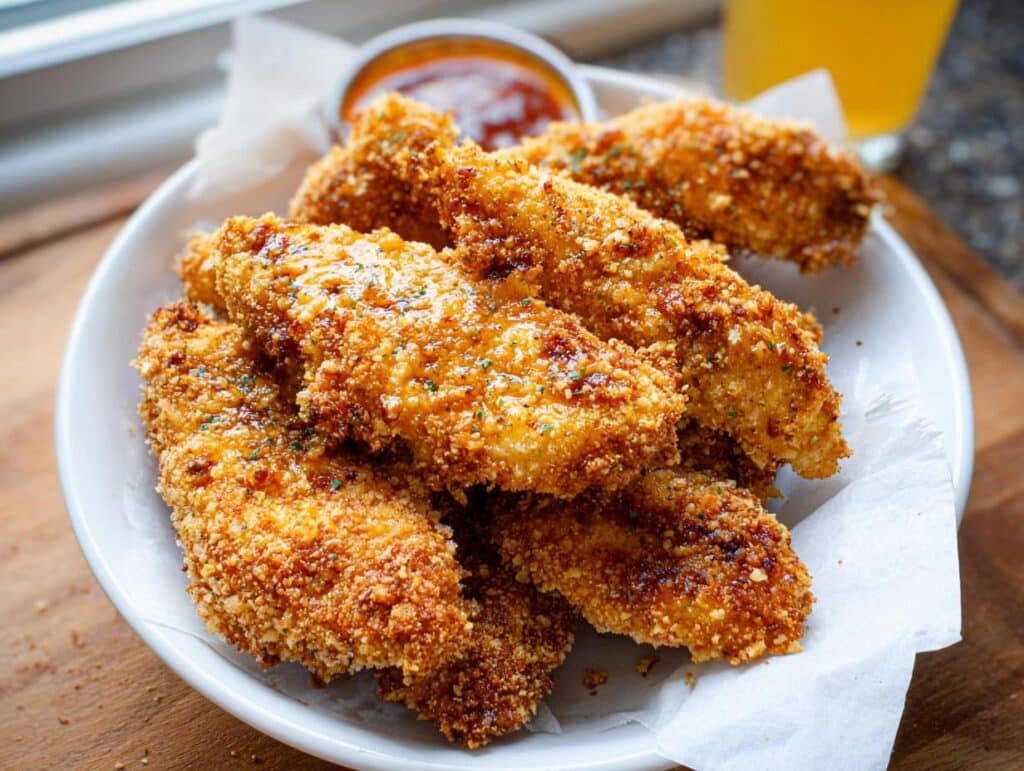 Close-up of crispy, golden Baked Honey Mustard Chicken Tenders piled on a white plate with dipping sauce.