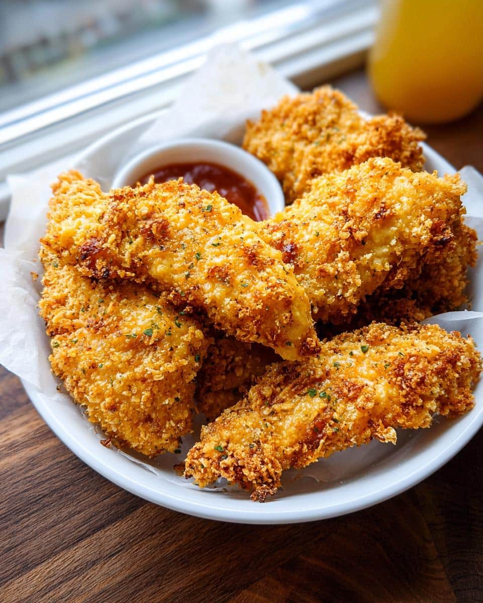 Golden brown, crispy Baked Honey Mustard Chicken Tenders served on a white plate with dipping sauce.