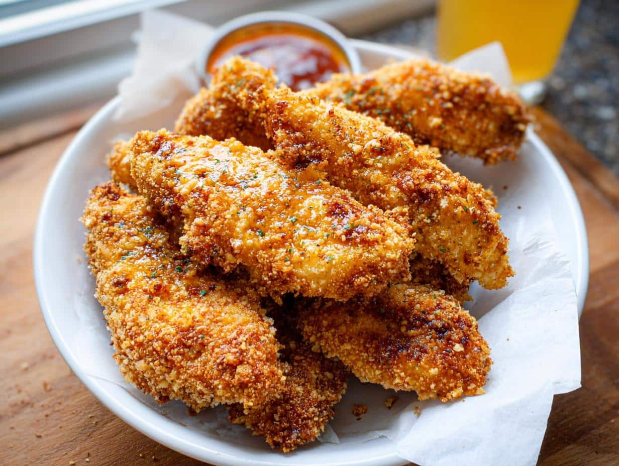 Close-up of crispy, golden Baked Honey Mustard Chicken Tenders piled on a white plate with dipping sauce.