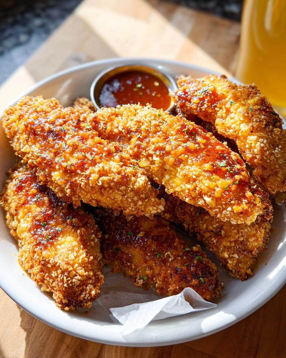 A plate piled high with crispy Baked Honey Mustard Chicken Tenders, drizzled with glaze and served with dipping sauce.