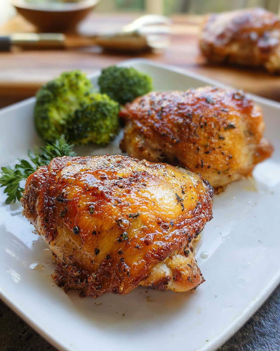 Two golden, crispy Baked Low Carb Chicken Thighs served with steamed broccoli florets.
